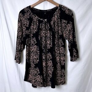 Lucky Brand Black Paisley 3/4 Sleeve Tunic Top Women Size 1X Boho Festival
